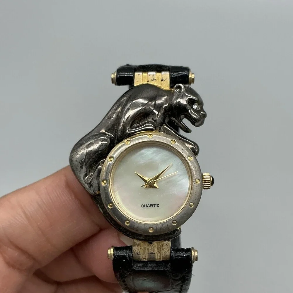 Womens Panther Watch 29mm MOP Dial Black Leather Dress Quartz New Battery